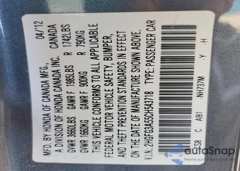 2012 Honda Civic Lx z USA, uszkodzony, nr VIN 2HGFG3A55CH543718